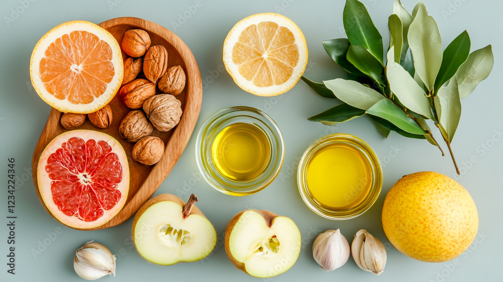 Healthy Liver Detox Diet Fresh Fruits, Vegetables, Nuts, Olive Oil, and Garlic for Natural Body Cleansing and Wellness Healthy Liver Detox Diet Fresh Fruits, Vegetables, Nuts, Olive Oil, and Garlic for Natural Body Cleansing and Wellness