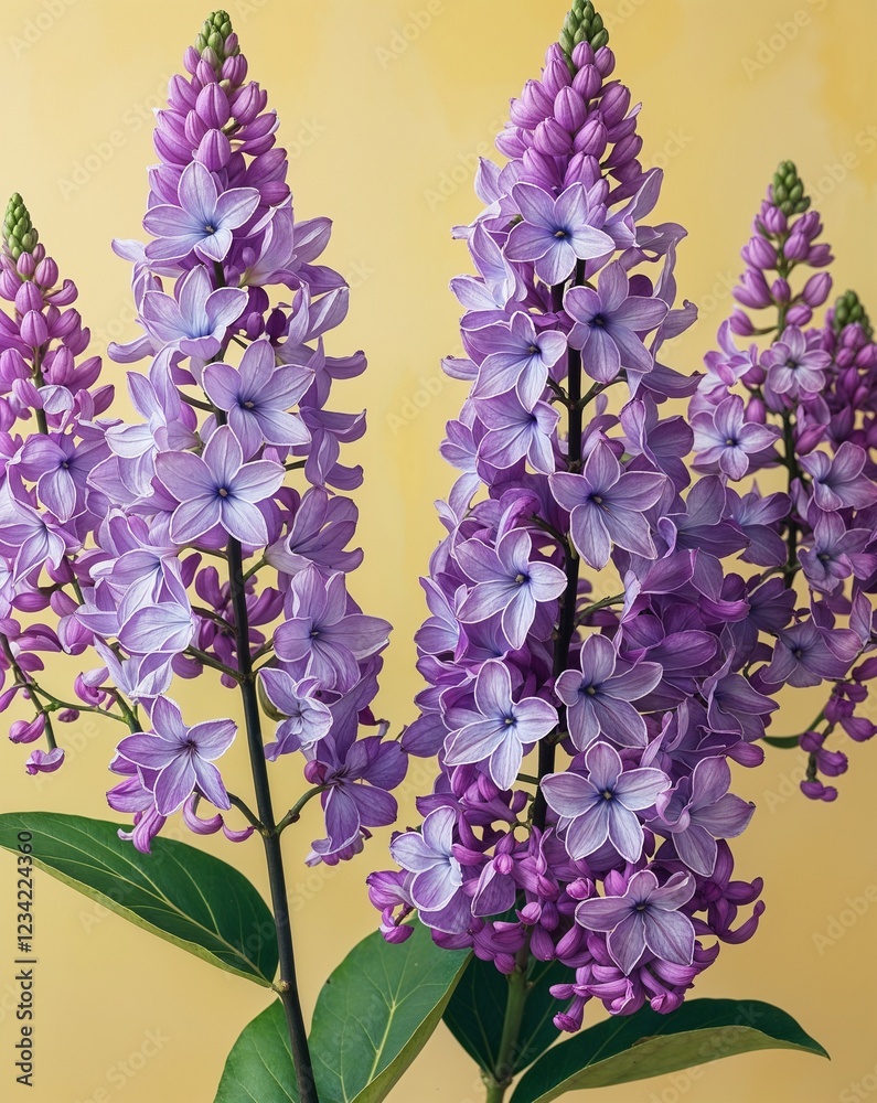 Naklejka premium Lavender lilacs on a pastel yellow background