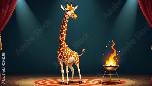 A whimsical giraffe stands center stage, spotlight shining, near a small fire; circus-themed background. photo