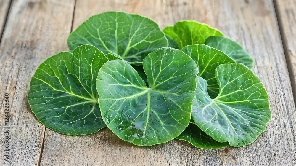 Fresh Green Leaves on Rustic Wood Surface for Culinary Use Fresh Green Leaves on Rustic Wood Surface for Culinary Use