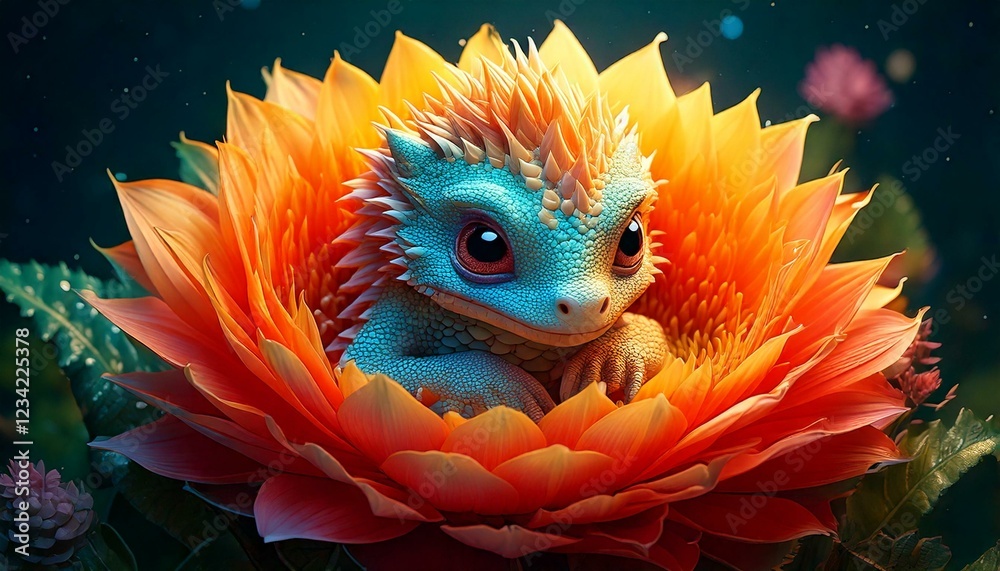 Obraz premium baby dragon curled up inside an oversized 