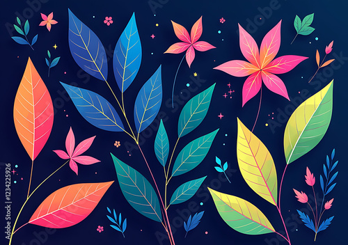 flat lay combines vibrant leaves neon colors creative fluorescent floral arrangement inspired nature flat design photo