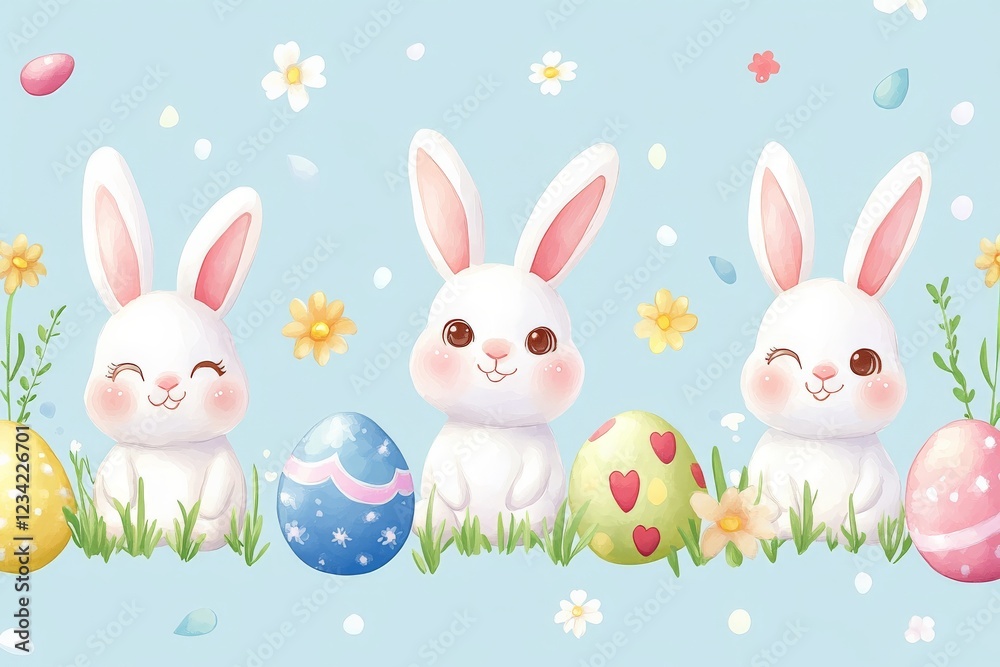 Sweet bunnies celebrate spring with colorful eggs and blooming flowers during a joyful festive season Sweet bunnies celebrate spring with colorful eggs and blooming flowers during a joyful festive season