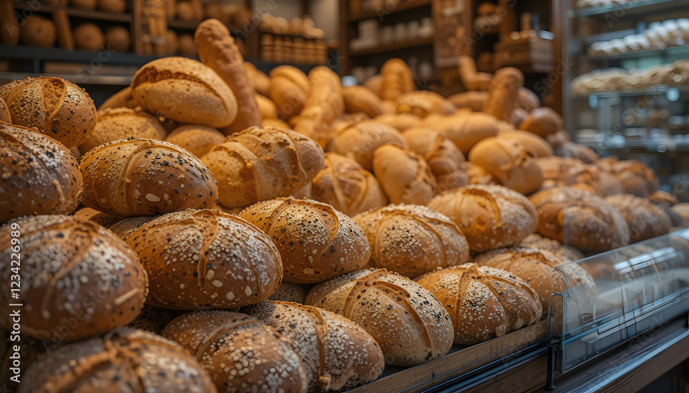 Freshly baked bread displayed at a bakery Freshly baked bread displayed at a bakery