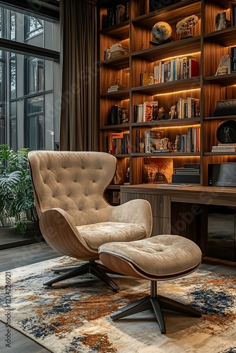 Cozy modern living room featuring a plush armchair and stylish bookshelf with decor photo