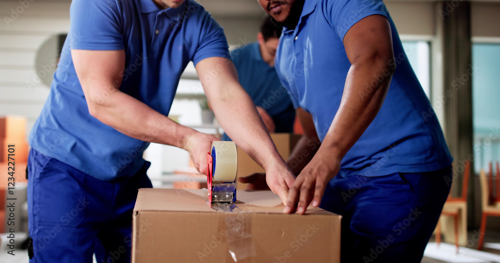 Multiracial mover packing cardboard boxes