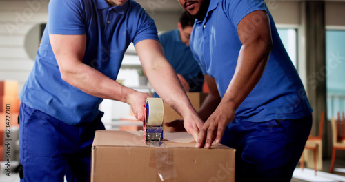 Obraz na płótnie Multiracial mover packing cardboard boxes w salonie