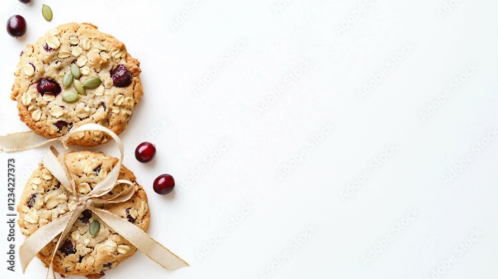 Freshly Baked Oatmeal Cookies with Cranberries and Decorative Ribbon Freshly Baked Oatmeal Cookies with Cranberries and Decorative Ribbon