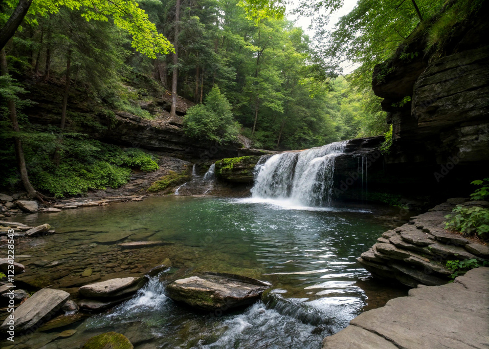 Fototapeta premium A small waterfall in New York with a natural gas seep beneath it