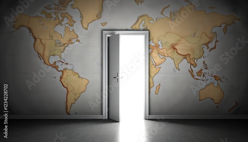 A surreal scene featuring a partially open door emitting light, set against a textured background of the world map. The focus is on the door and the contrasting colors of the flag.