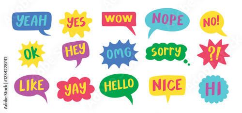 Thought bubbles handwritten words expressions, comic chat stickers collection. Speech clouds set. Funky typography design element, retro style messages. Like, yes, No, Wow and Ok.