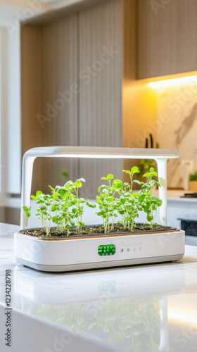 Smart indoor garden growing fresh herbs in modern kitchen photo