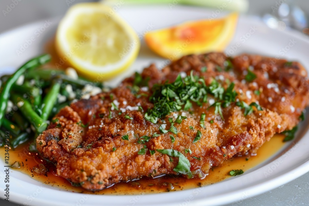 Close up of a crispy, golden brown breaded cutlet, garnished with fresh herbs, served alongside sauteed green beans, lemon and orange slices on a white plate Close up of a crispy, golden brown breaded cutlet, garnished with fresh herbs, served alongside sauteed green beans, lemon and orange slices on a white plate