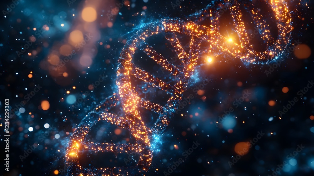 Striking 3D image of a DNA helix with swirling chemical elements and abstract biological forms illuminated by neon lights for a dramatic effect Striking 3D image of a DNA helix with swirling chemical elements and abstract biological forms illuminated by neon lights for a dramatic effect