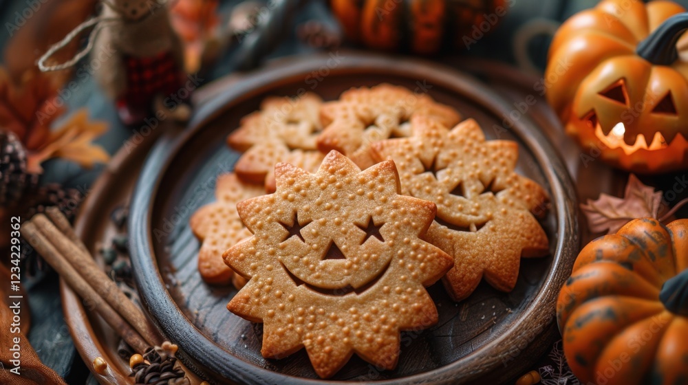 Fototapeta premium Pumpkin cookies with faces on a plate with pumpkins and cinnamon sticks, halloween holiday, food background