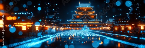 Futuristic Asian Temple Cityscape With Blue Network Of Lights, Asian Architecture Rendering photo