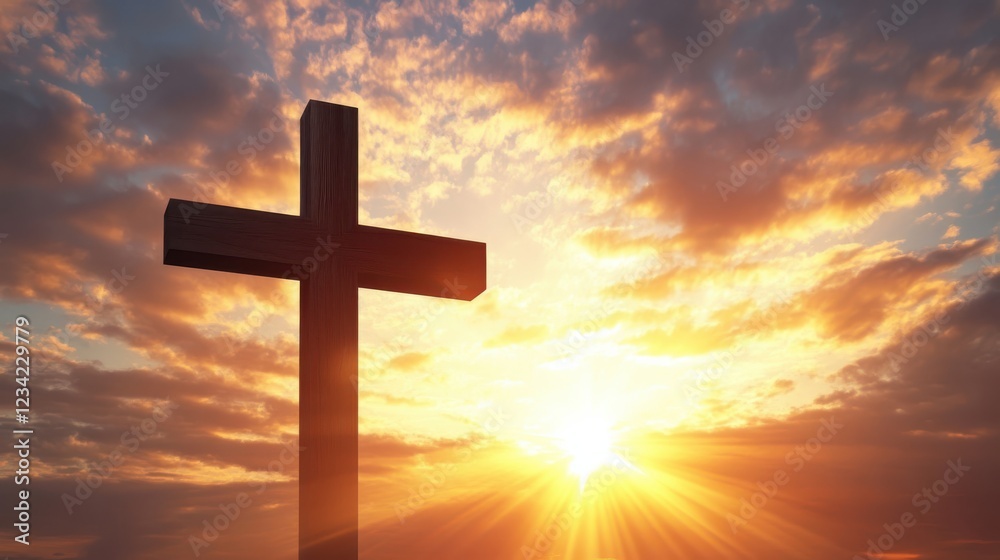 Wooden cross silhouetted against golden sunset sky with light rays Wooden cross silhouetted against golden sunset sky with light rays
