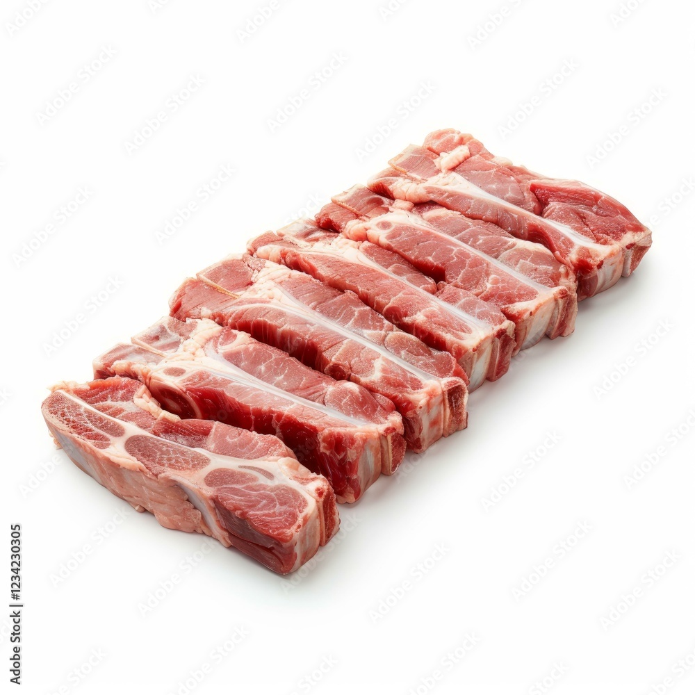 Fototapeta premium Fresh, uncooked pork ribs, neatly arranged and ready for grilling, barbecuing, or other culinary preparations