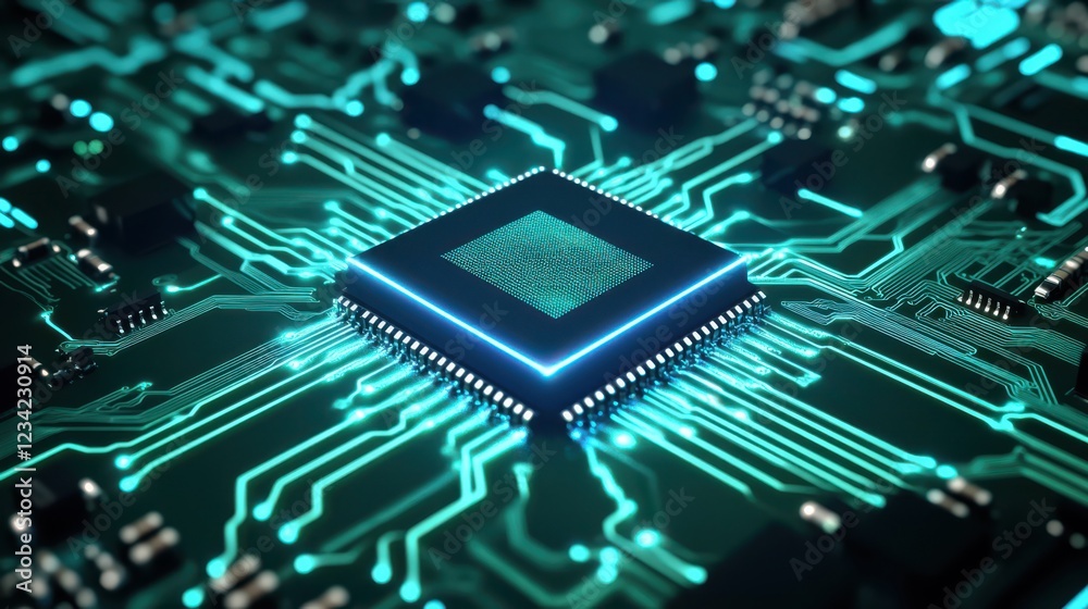 Microchip at center of green circuit board with radiating energy lines Microchip at center of green circuit board with radiating energy lines