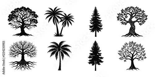 Tree silhouette set. Various trees vector illustration on white background