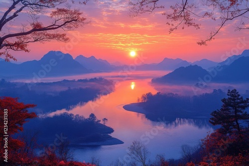 Vibrant Sunrise Over Misty River Valley