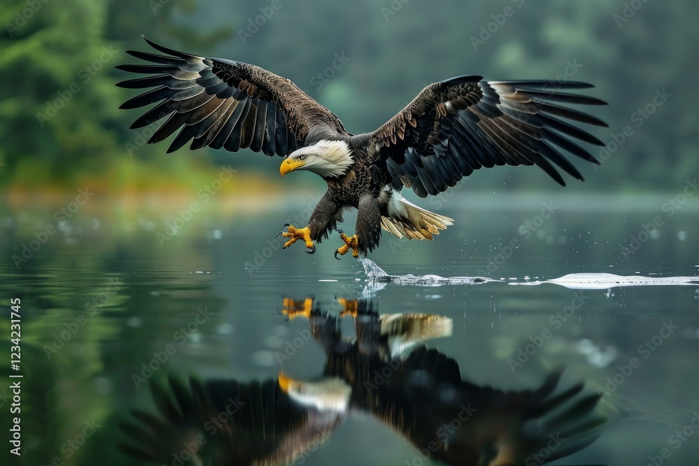 Fototapeta premium Bald eagle swooping down, catching fish in lake, with wings spread and reflection visible