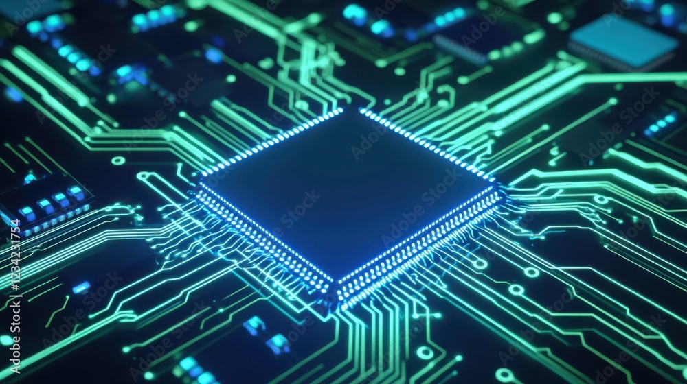Microchip at center of green circuit board with radiating energy lines Microchip at center of green circuit board with radiating energy lines