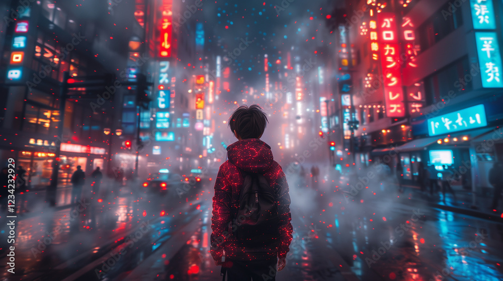 Cyberpunk character in neon-lit futuristic cityscape. Cyberpunk character in neon-lit futuristic cityscape.