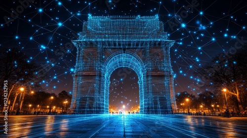 India Gate, New Delhi, India, Connected in a Digital Network of Blue Lights and Dots.