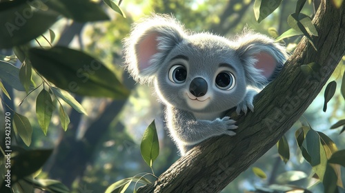 Adorable koala cub in eucalyptus tree, sunny forest