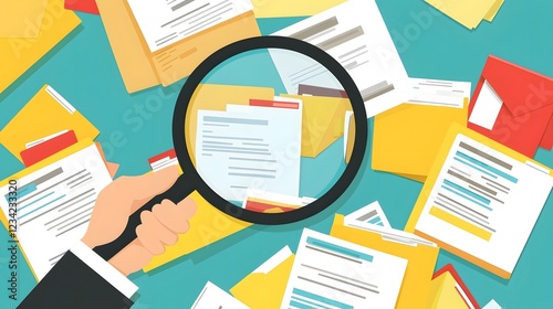 Hand Holding Magnifying Glass Zooming in on Verified Document Among Multiple Business Files