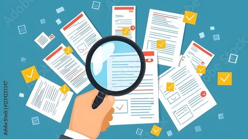 Hand Holding Magnifying Glass Zooming in on Verified Business Compliance Document among Files