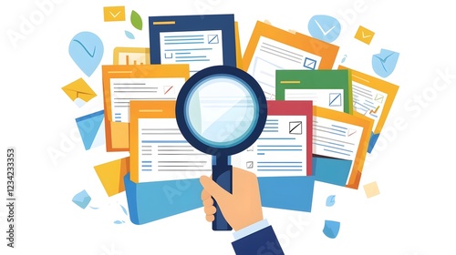 Hand Holding Magnifying Glass Zooming In On Verified Legal Document Among Multiple Business Files