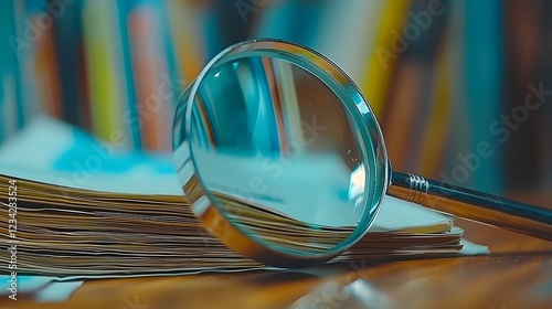 Magnifying glass reflecting documents on office desk for corporate audit and document verification processes