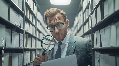 Corporate Auditor Reviewing Important Documents Through Magnifying Glass