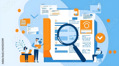 Business Data Review Process with Magnifying Glass Examining Authenticated Digital Document