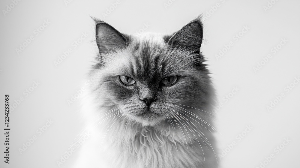 A regal long-haired cat stares intently at the camera in a monochrome portrait. The cat's serious expression and fluffy fur create a striking image. A regal long-haired cat stares intently at the camera in a monochrome portrait. The cat's serious expression and fluffy fur create a striking image.
