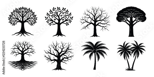 Tree silhouette set. Various trees vector illustration on white background