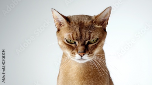 A grumpy-looking Abyssinian cat with intense green eyes stares down at something, its expression conveying a mix of displeasure and curiosity.