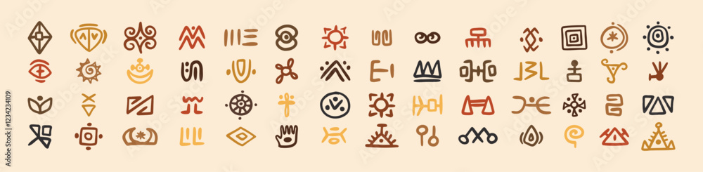 Obraz premium African tribal symbols Abstract geometric shapes doodle decoration set. Ethnic boho elements collection. Colorful mayan hand drawn design. 