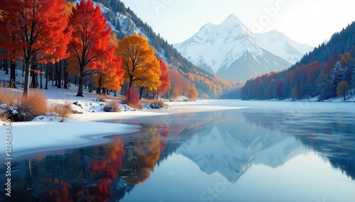 A frozen lake's surface reflects a kaleidoscope of autumn tree colors, winter, reflection