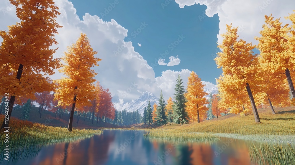 Autumnal Serenity: Golden Trees Mirrored in a Tranquil Lake Autumnal Serenity: Golden Trees Mirrored in a Tranquil Lake