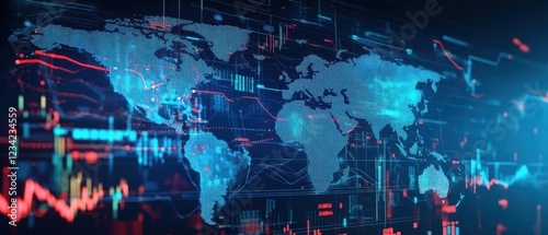 Glowing world map overlaid with stock trends and financial data points photo