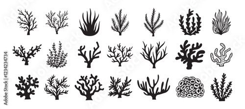 Coral silhouettes, seaweed black icon. Abstract organic corals shape, underwater plant, sea doodle. Cartoon marine floral isolated set 
