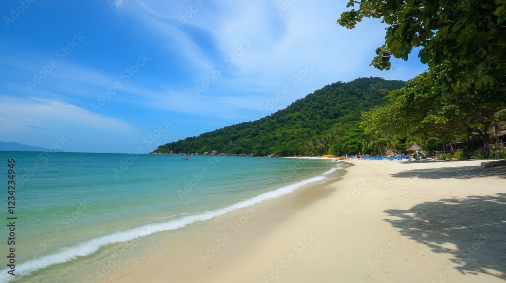 Serene Tropical Beachscape: Azure Waters, White Sands, Lush Greenery Serene Tropical Beachscape: Azure Waters, White Sands, Lush Greenery