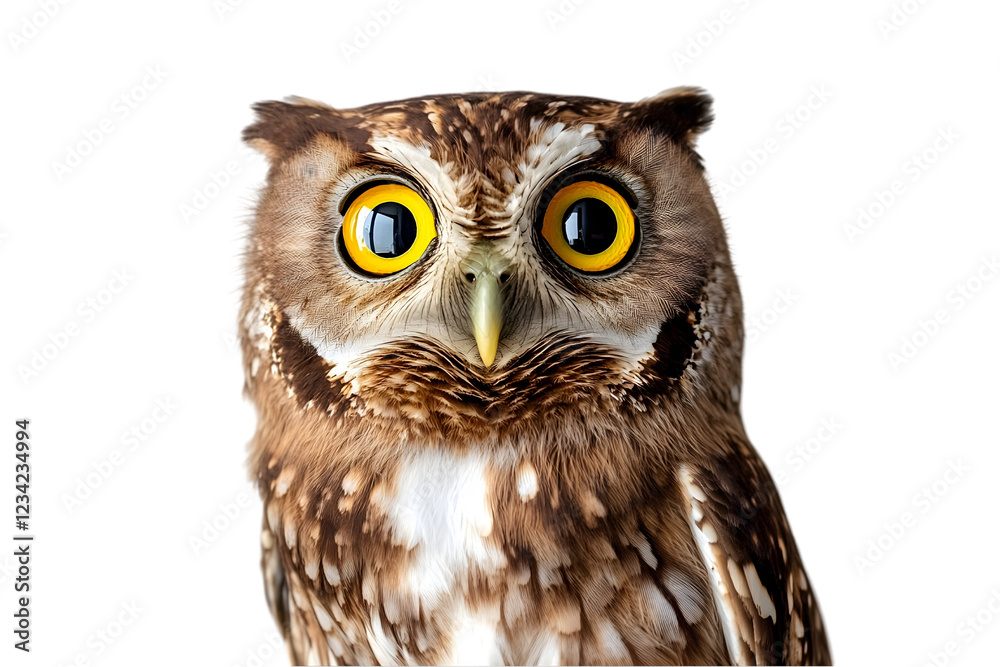 Fototapeta premium A curious owl with large golden eyes, perched on a white surface. Transparent background