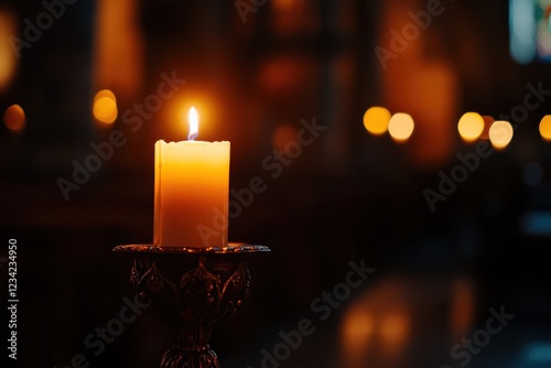 Solitary candle in ornate holder casting gentle glow in sanctuary photo