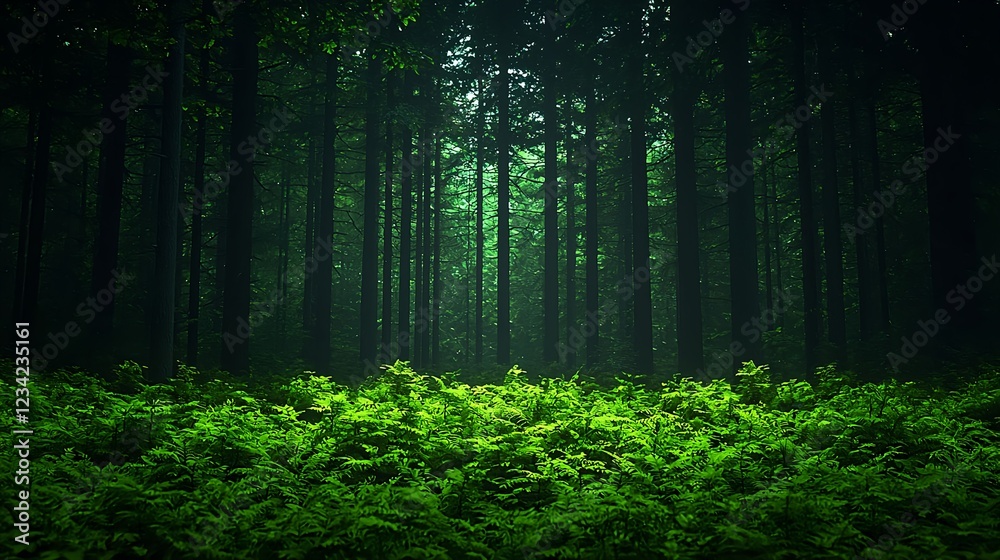 Deep Dark Forest with Lush Green Undergrowth Deep Dark Forest with Lush Green Undergrowth