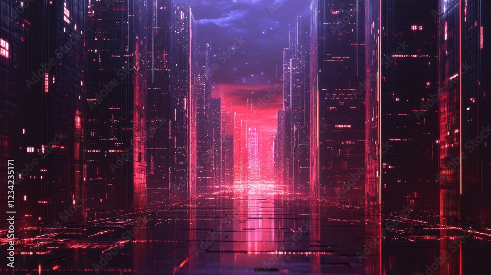 Fototapeta premium A D-rendered futuristic city with glowing AI-powered digital grids.