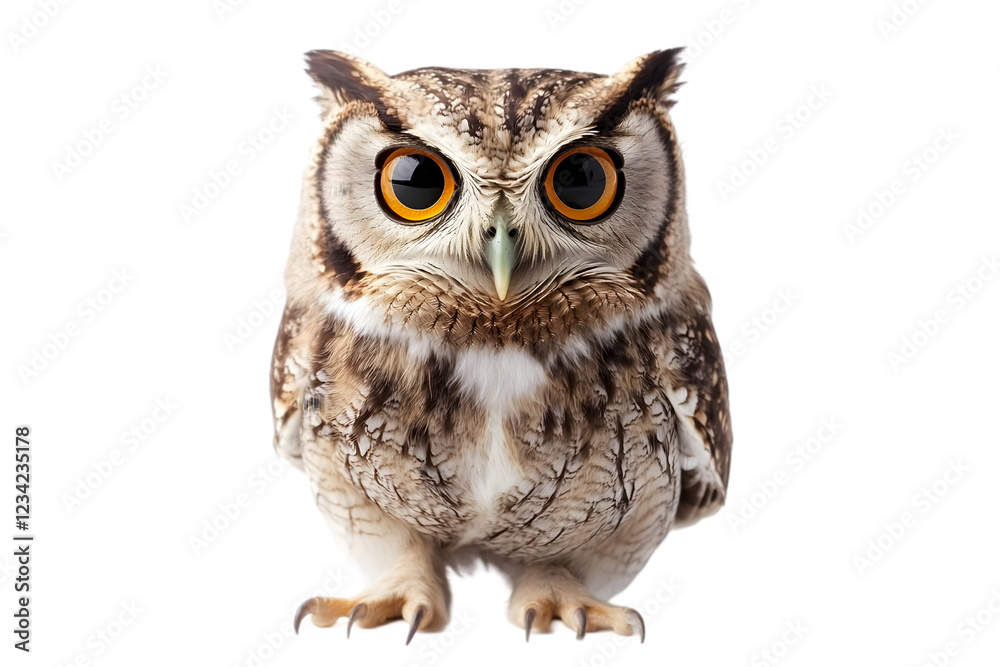 Obraz premium A curious owl with large golden eyes, perched on a white surface. Transparent background
